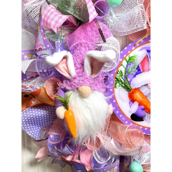 Handmade Easter Bunny Gnome Kisses Prelit Ribbon Wreath 22 in LED W13 - Picture 6 of 11